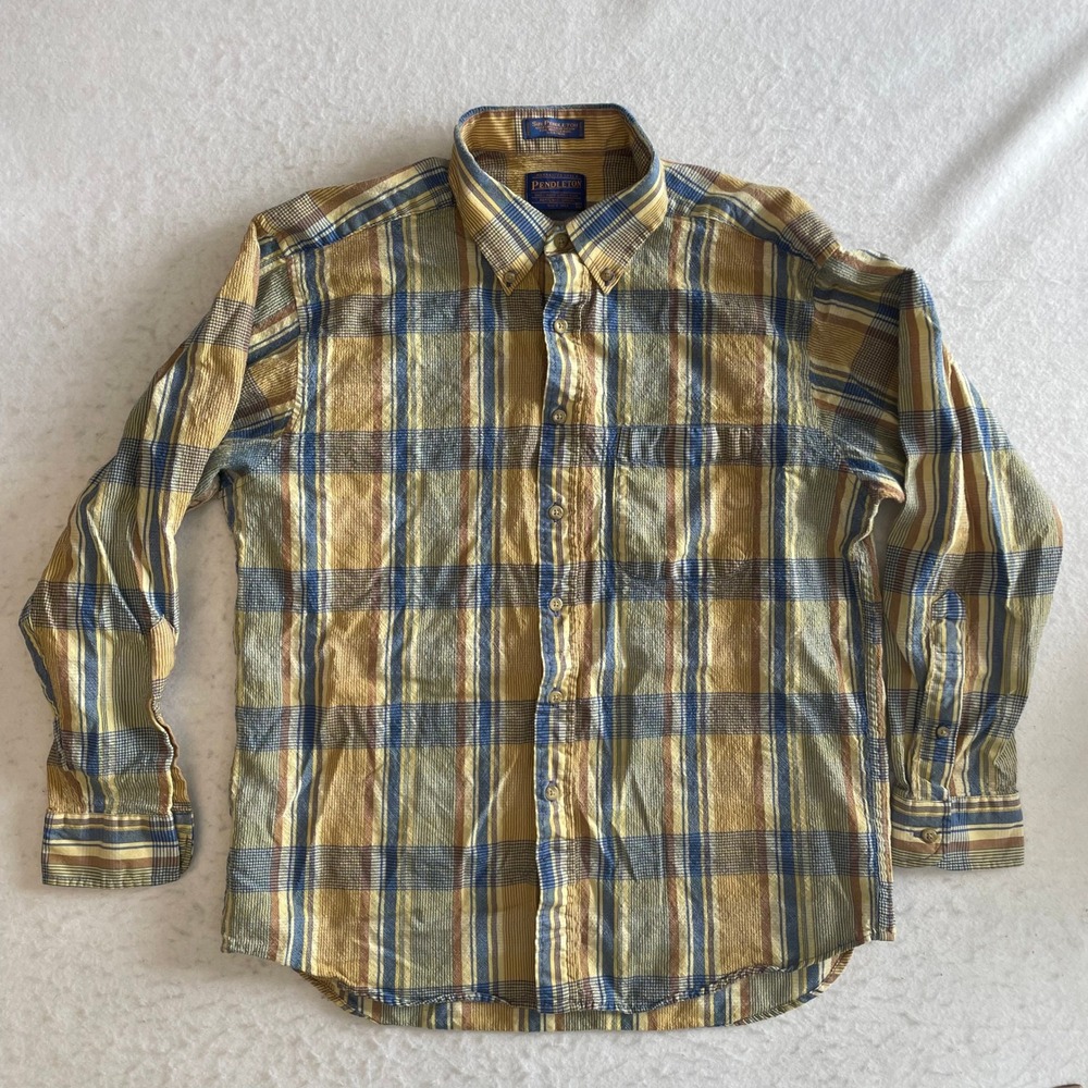 Sir‎ Pendleton Button Down Shirt XL Yellow Plaid Pure Virgin Wool Long Sleeve